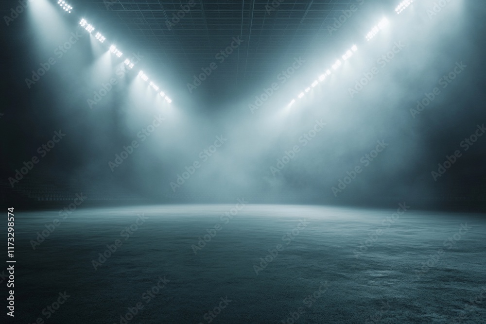 Poster empty arena with bright spotlights and fog, creating a dramatic atmosphere.