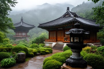 Naklejka premium A Korean temple surrounded by lush greenery and misty mountains, with intricate carvings and hanging lanterns