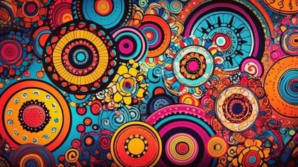 Fototapeta premium Colorful concentric circles and abstract floral designs in bright colors. AI generative. .