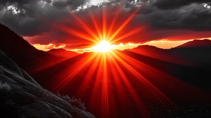 Dramatic Sunset Rays over Mountains Landscape