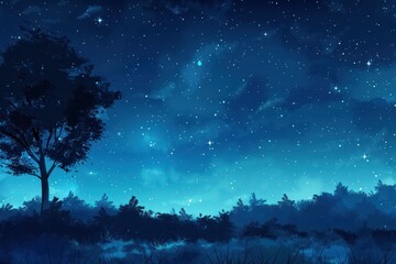 A Silhouetted Tree and Forest Underneath a Starry Night Sky