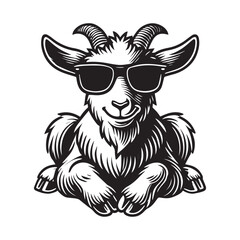Obraz premium Cute baby Goat sitting wearing sunglass illustration vector, Goat clipart Design, Funny Goat Design 
