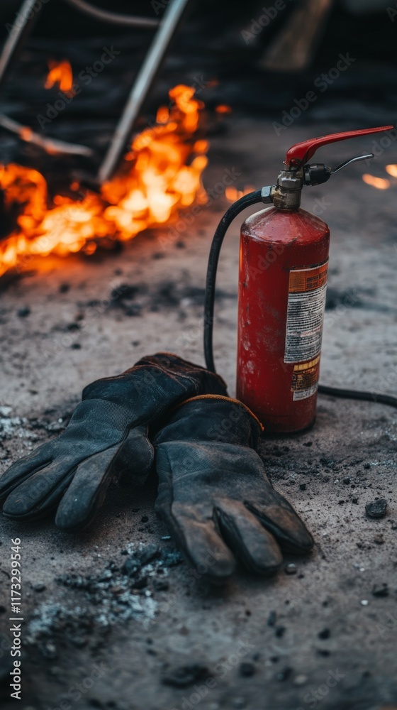 Poster fire extinguisher and protective gloves are placed on the ground near a burning fire, ready for use 