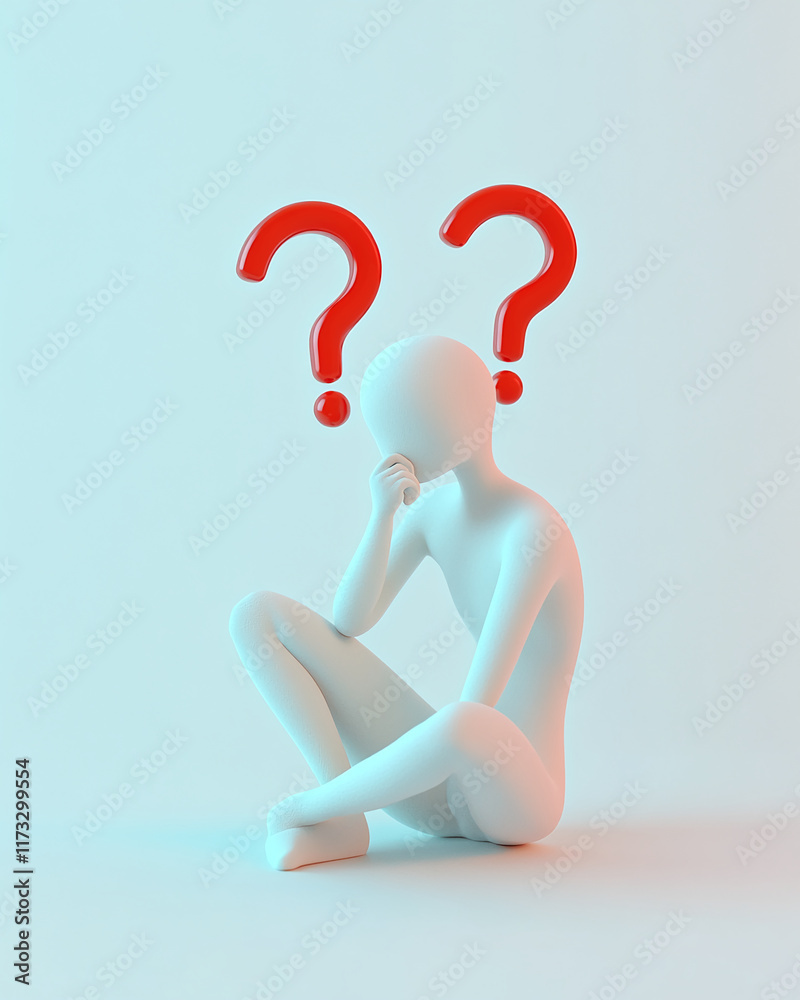 Poster Minimalist figure thinking with red large question marks on a pastel background symbolizing confusion