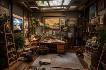 A cozy artist's studio filled with paintings, tools, and natural light.