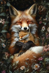 A serene scene of a fox and its cub nestled among flowers.