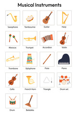 Musical instruments flash cards for kids, education,English language,textbook. Flash cards set for school and preschool.Learning music instruments for children.Vector illustration cartoon flat style.