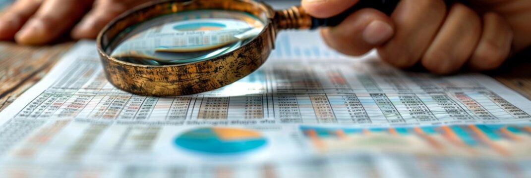 Hand holding a magnifying glass over a data sheet and graphs, with a blurred background. AI generative. .