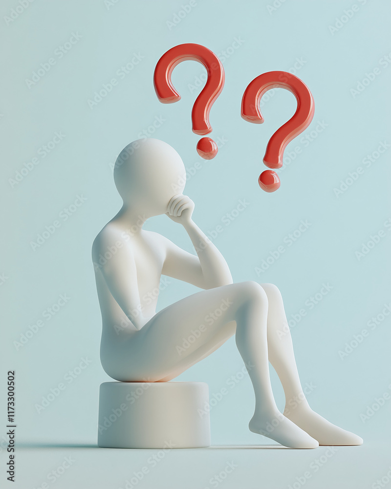 Poster abstract figure sitting on a pedestal with red large question marks on pastel background