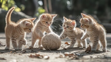 Four playful kittens interacting with a ball of yarn in a sunny outdoor setting.
