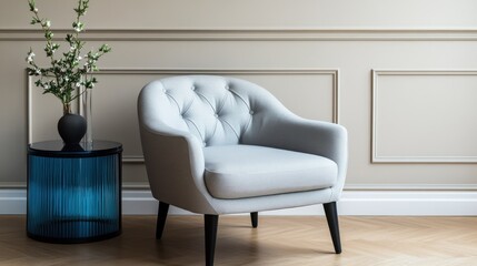 Elegant armchair in beige room, spring branches, side table, hardwood floor, interior design