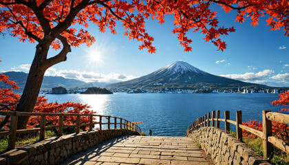 A bridge over a body of water with a mountain in the background