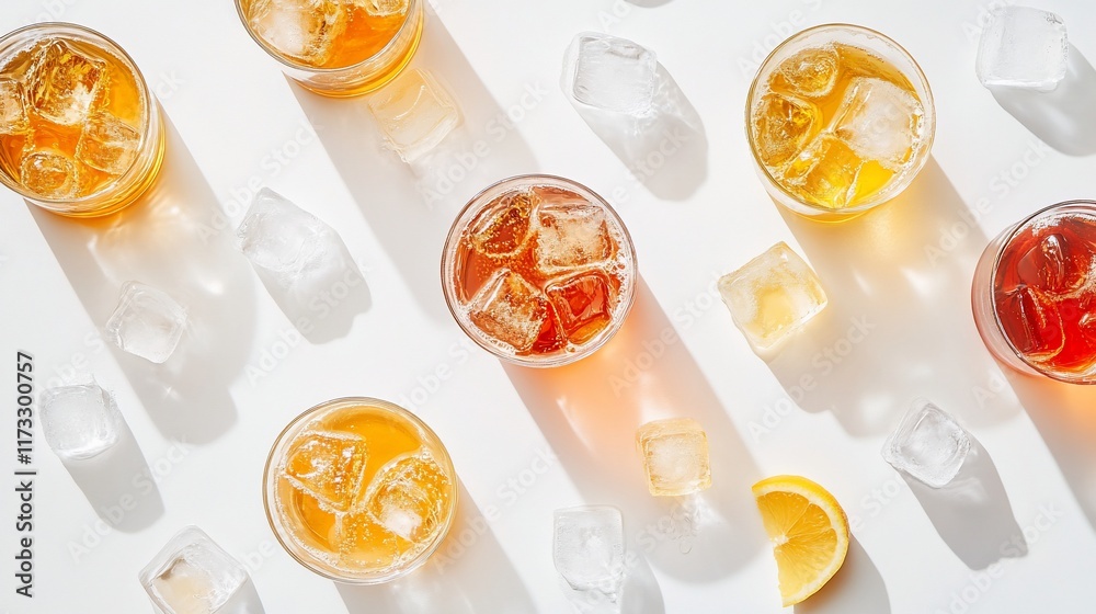 Poster overhead view of iced tea variations in glasses with ice cubes and lemon slice on white background.
