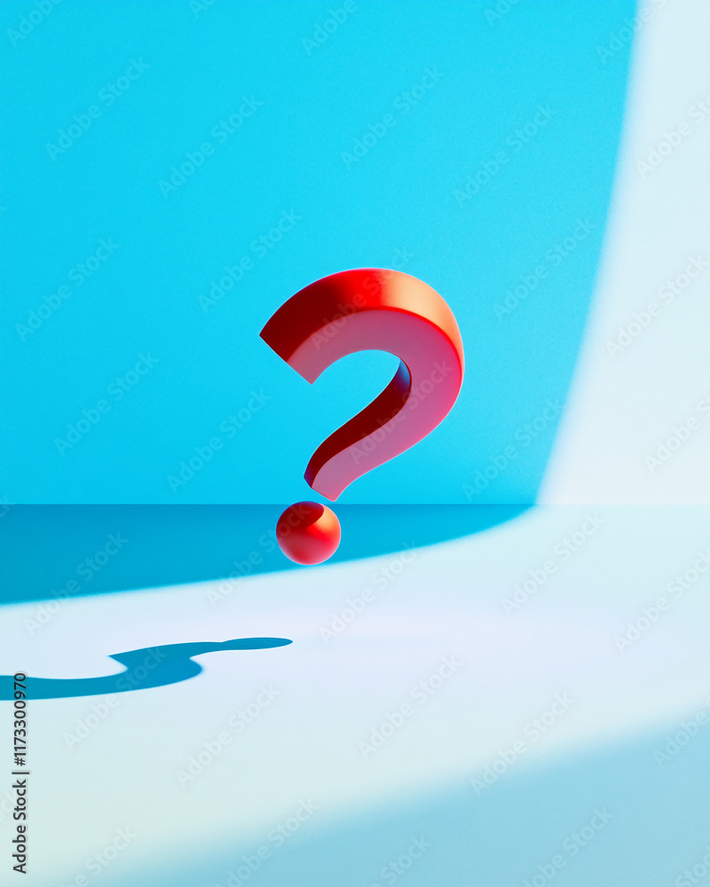 Poster Red large question mark casting shadow on a vibrant blue background with minimalistic composition