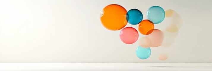 Colorful transparent speech bubbles are floating on a minimalist white background, representing communication, questions, and messaging in a visually engaging way