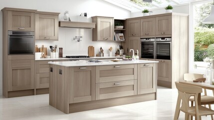 Modern light wood kitchen with island, appliances, and dining area.