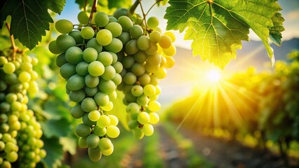 Fototapeta premium Juicy Green Grapes Hanging on Vine, Sunlight Dappled Leaves, Rule of Thirds Composition