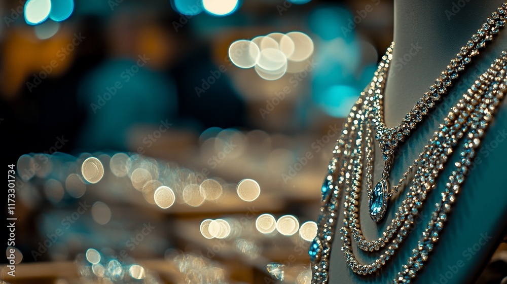 Poster close-up of elegant diamond necklaces displayed on a mannequin.