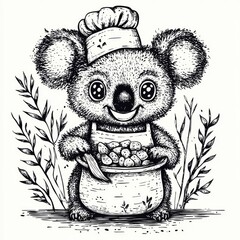 Obraz premium A cute koala chef holding a bowl of food, surrounded by plants.
