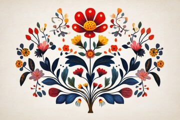 Symmetrical floral design featuring vibrant blooms and lush leaves inspired by natural elements