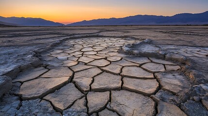 Geometric patterns in a dry lake bed, with cracked earth creating a unique and visually striking scene