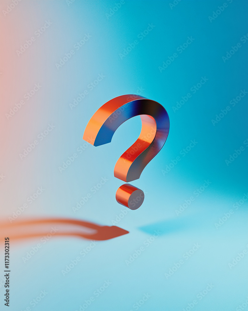 Poster metallic orange large question mark with shadow on a blue gradient background