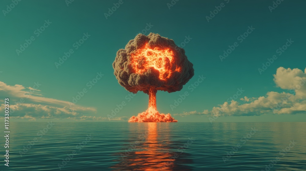 Poster Huge atomic bomb exploding over the ocean creating a giant mushroom cloud rising in the sky with fire and smoke, generating fear and destruction in a global warming and climate change context