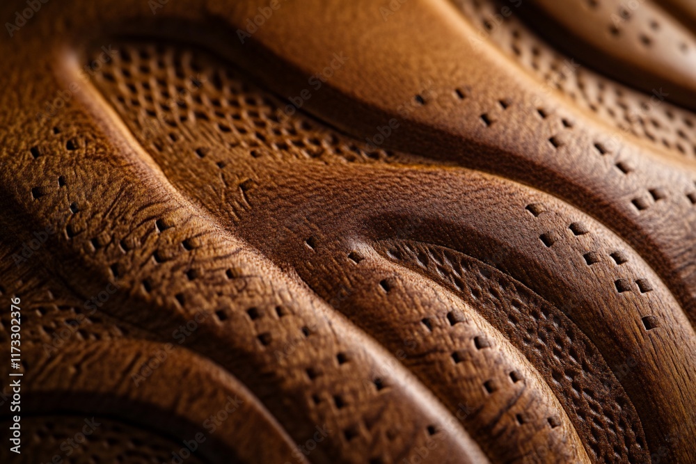 Poster close-up of brown textured surface with patterned holes and waves.