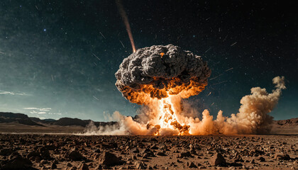 Explosion occurring in a barren desert landscape at night with bright lights and smoke billowing into the sky