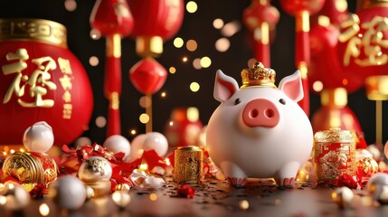 Obraz premium Celebrating lunar new year with lucky pig figurine and decorations