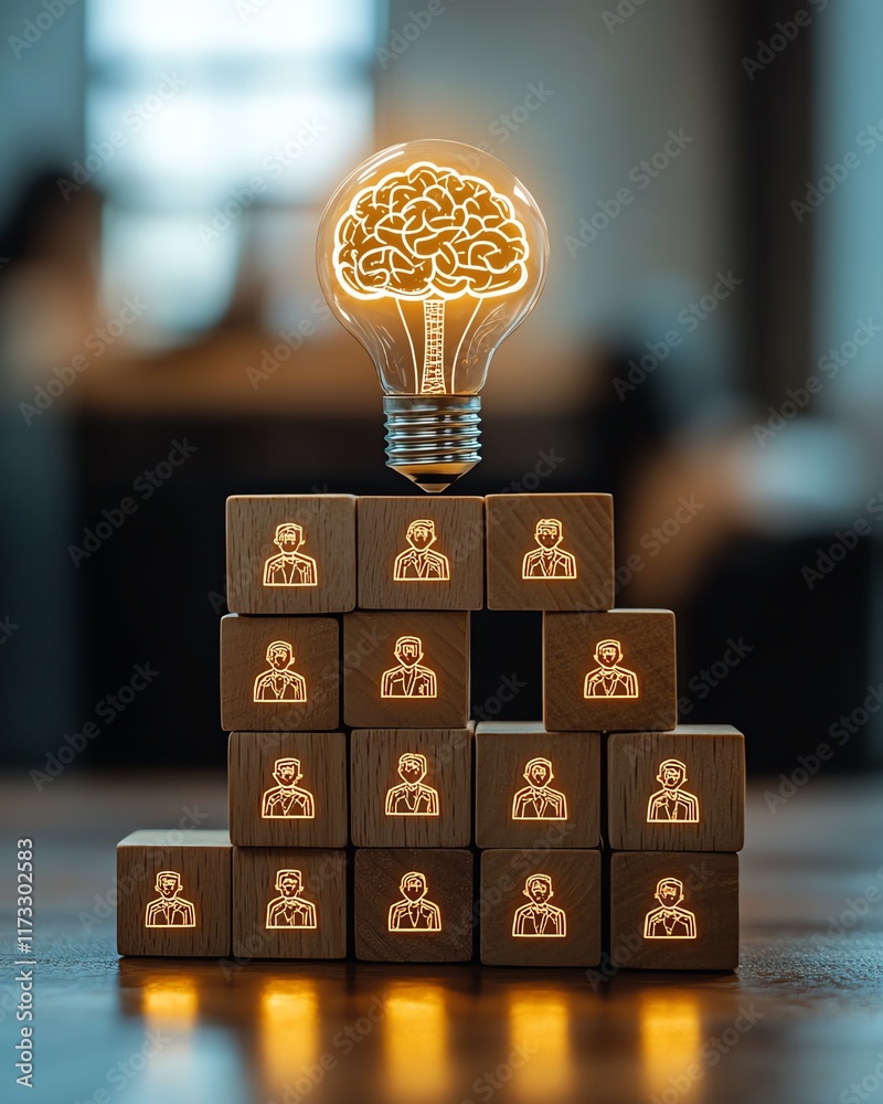 Aufkleber ai innovation concept with a digital brain in a lightbulb, human icons on wooden blocks, showcasing 