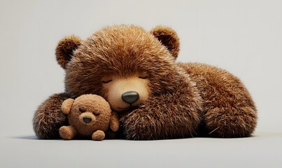 Sleeping stuffed bears, big and small, resting against a plain backdrop.