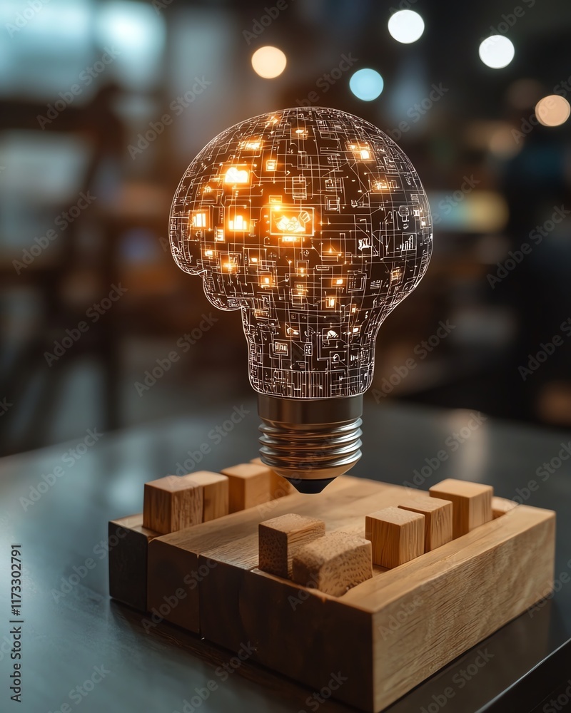 Aufkleber ai innovation concept with a digital brain in a lightbulb, human icons on wooden blocks, showcasing 