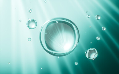 Cyan glass spheres with molecule, Concept skin care Cosmetics background, 3D rendering.