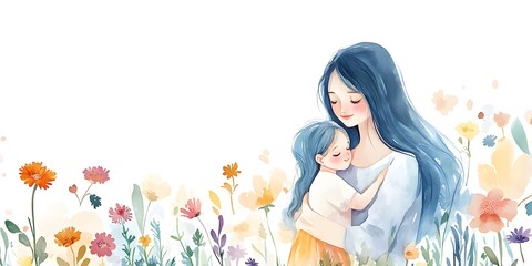 Watercolor illustration of Mother's Day: a blue-haired mother with her child and flowers, on a white background