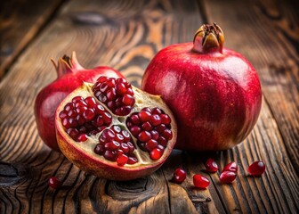 Juicy Pomegranate on Rustic Wood: A Vibrant Still Life