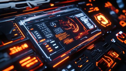 Obraz premium Futuristic interface with glowing elements and data displays.