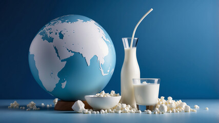 poster depicting a white globe almost full of white milky liquid on a milky blue background to commemorate the world milk day