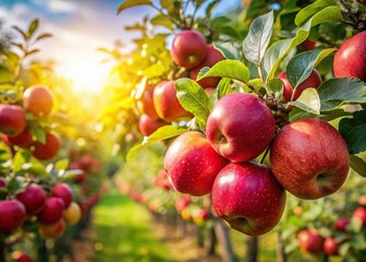 Obraz premium Juicy Red Apples Hanging on Branches in a Sunny Orchard with Beautiful Bokeh