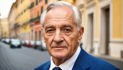 Elderly man in a suit poses confidently on a charming street in Rome during the daylight