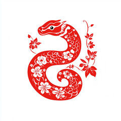 Obraz premium A red snake logo design, paper-cut style, this snake body decorated with floral patterns captures the festive spirit of Chinese New Year symbolism of the zodiac animal Made with generative AI