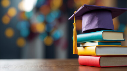 Stack of colorful books with graduation caps for International Day of Education in flat vector and papercut style