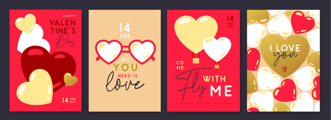 Set of Happy Valentines Day greeting cards, covers or posters with love hearts in modern style. Valentine background. Flat design. Vector illustration