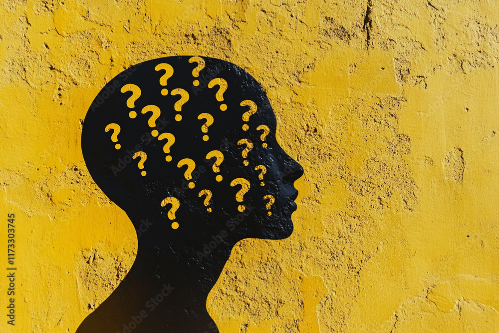Poster Silhouette of a head with question marks on a textured yellow background