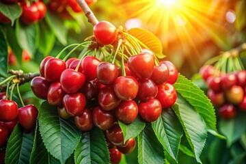 Juicy Ripe Cherries on Branch, Lush Green Leaves, Summer Fruit, Candid Photography