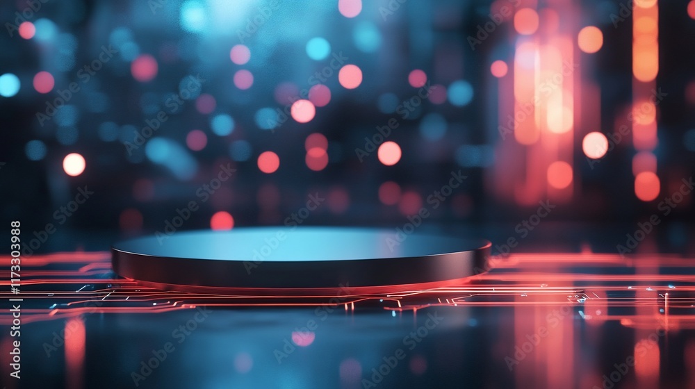 Poster Dark, metallic circular platform on a glowing circuit board background with bokeh lights.