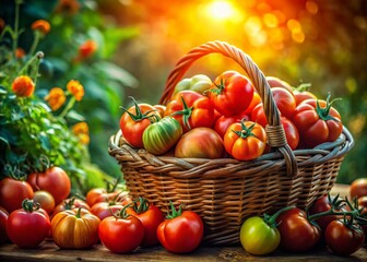 Juicy Ripe Tomatoes in Rustic Basket - Fresh Farm Produce Stock Photo