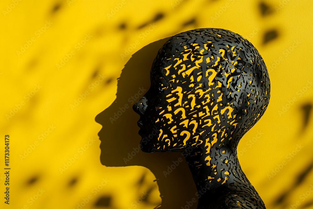 Poster artistic silhouette of a head with question marks on a bright yellow background