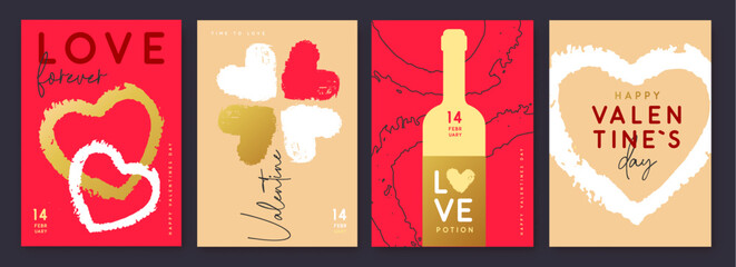 Set of Happy Valentines Day greeting cards, covers or posters with love hearts in modern style. Valentine background. Flat design. Vector illustration