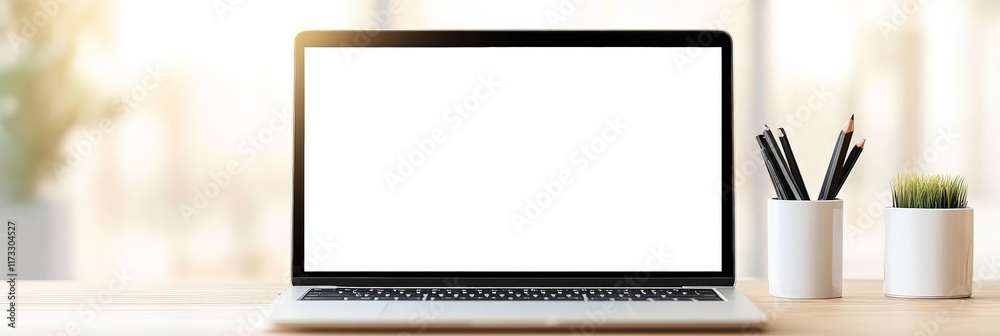Aufkleber Modern laptop with blank screen is showing potential for graphic designers creating website mockups and showcasing work in professional setting with pencils and plant
